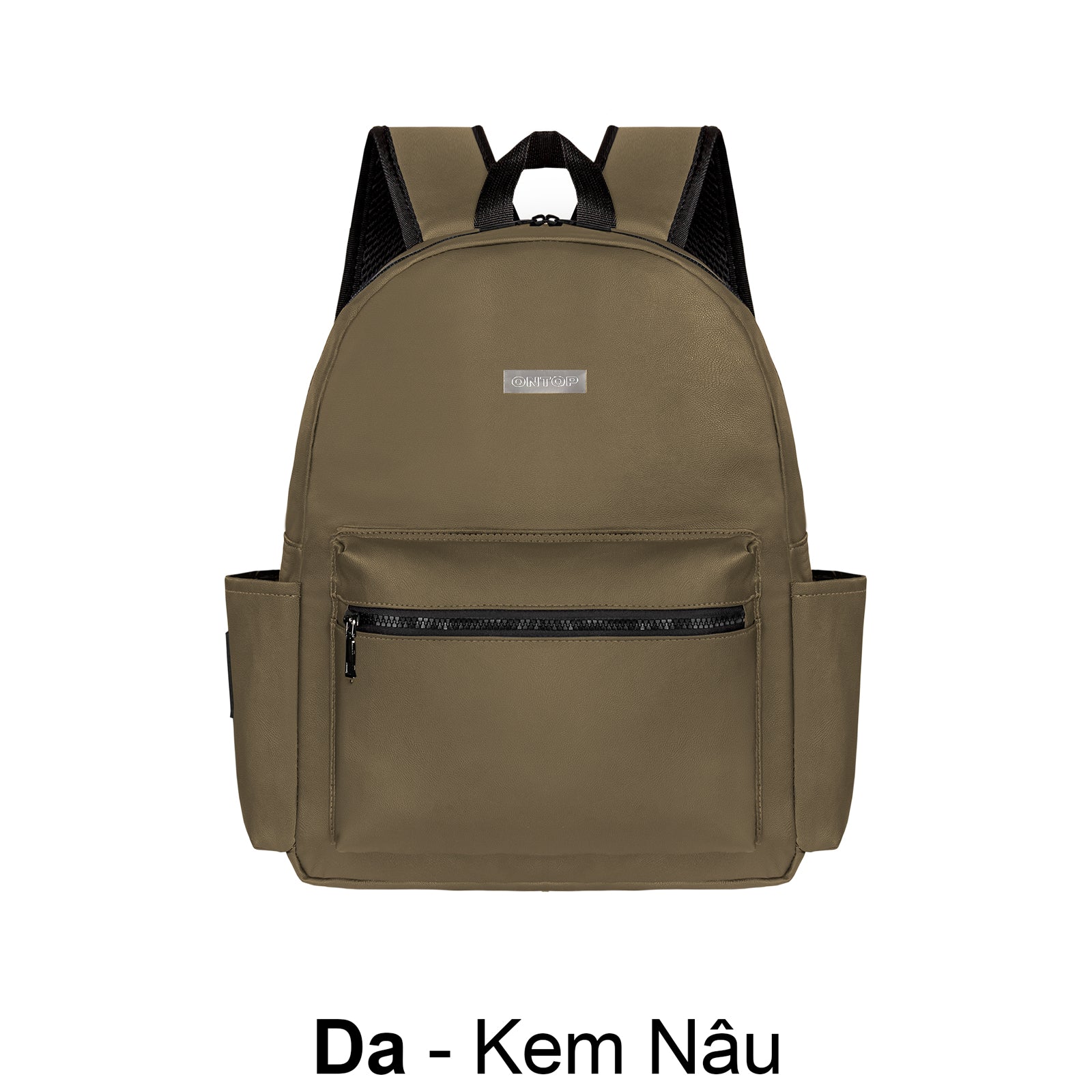 Brown backpack with a visible brand logo on a white background