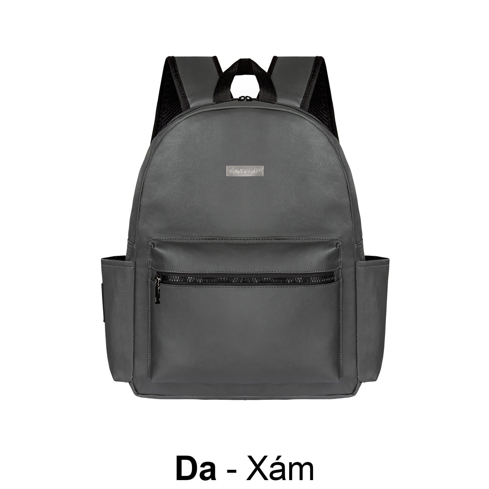 Gray backpack with a visible brand label on a white background