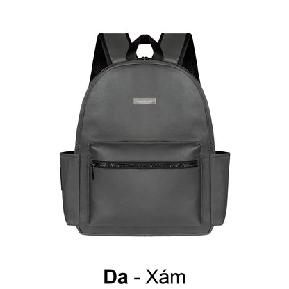 Gray backpack with a visible brand label on a white background