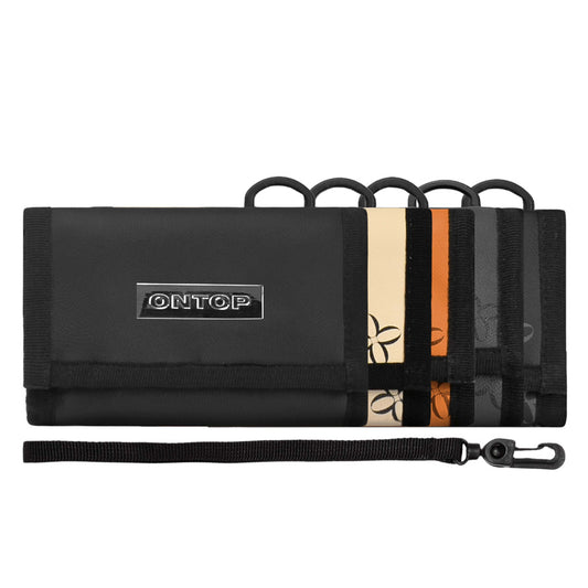 Black wallet with card slots and a strap, featuring the brand 'ONTOP'.