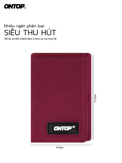 Red wallet with ONTOP branding and dimensions on a white background