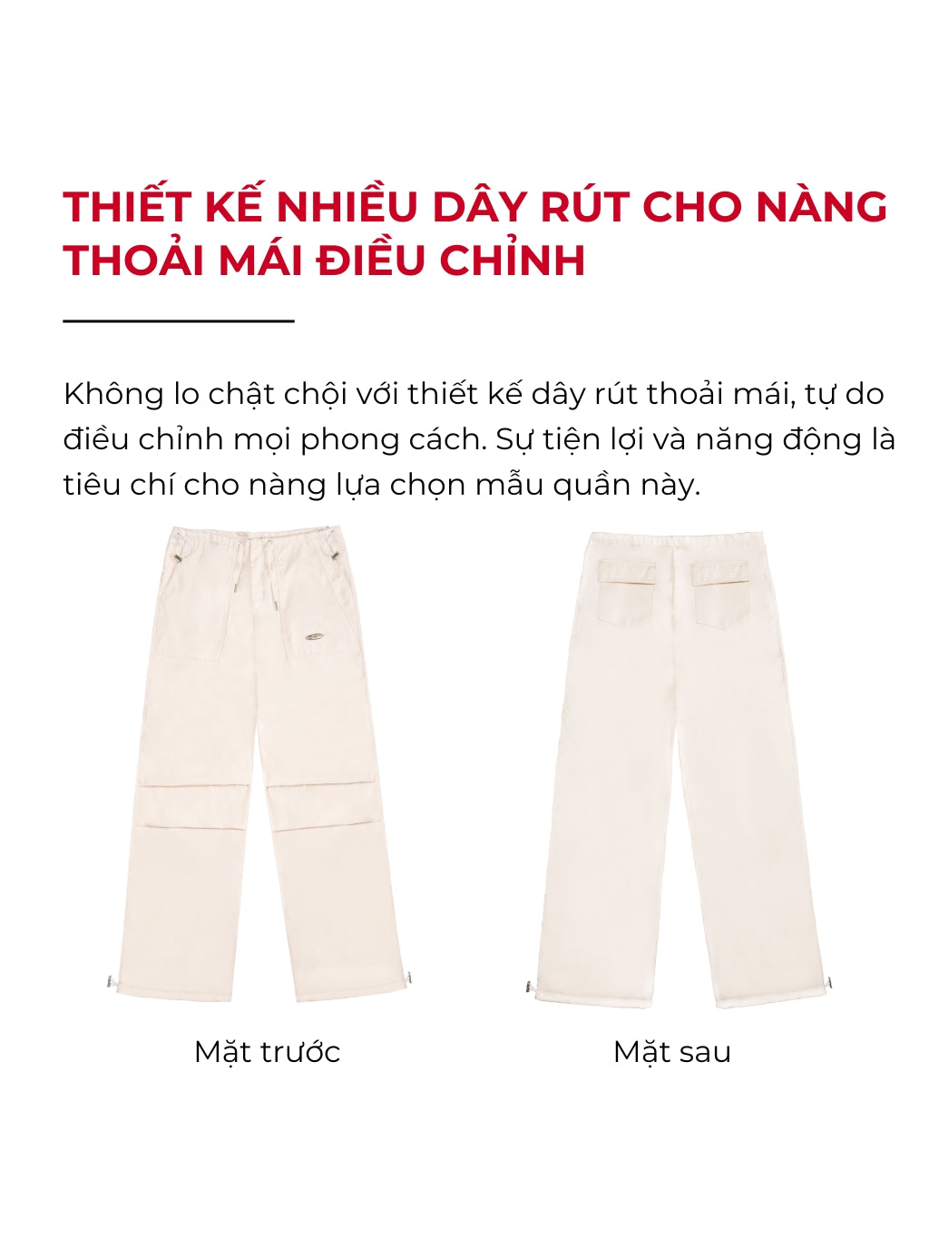 Beige pants displayed from front and back on a white background with Vietnamese text.