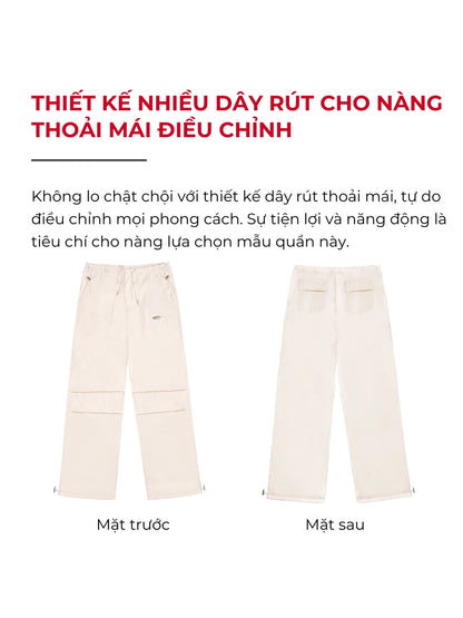 Beige pants displayed from front and back on a white background with Vietnamese text.