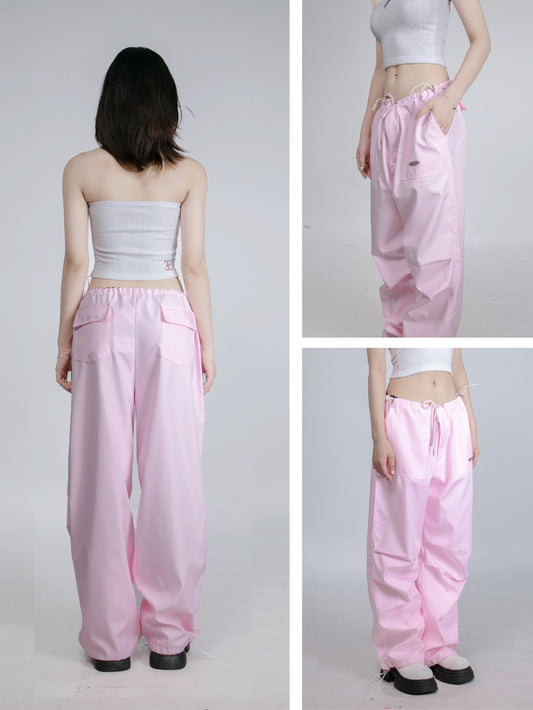 Collage of a person wearing pink pants with a white top on a plain background