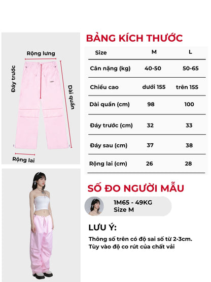 Measurement chart for pink pants with size chart and model wearing the pants.