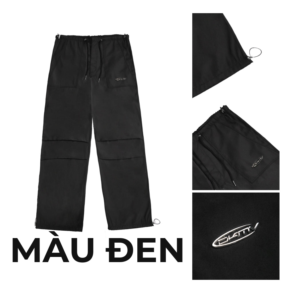 Black pants with a brand logo on a white background