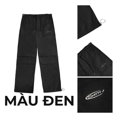 Black pants with a brand logo on a white background