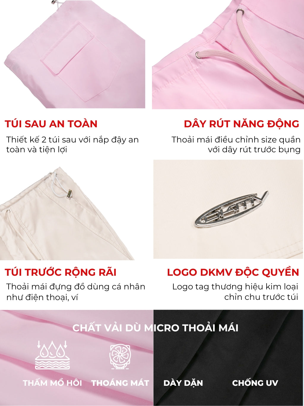Product features with text in Vietnamese on a pink background
