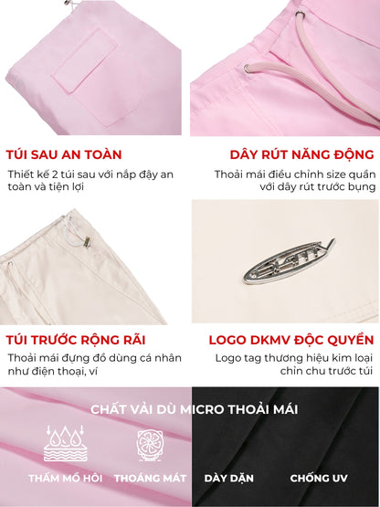 Product features with text in Vietnamese on a pink background