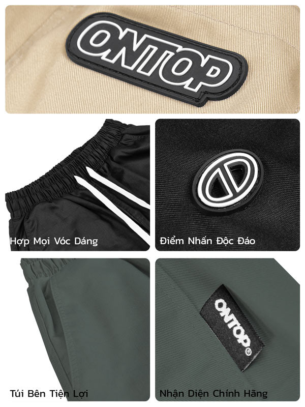 Collage of ONTOP branding on various products including a cap, pants, and a bag.