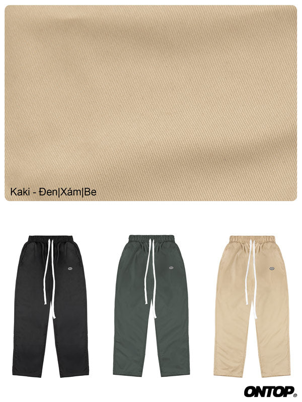 Three pairs of pants in black, green, and beige with a fabric swatch above on a white background.