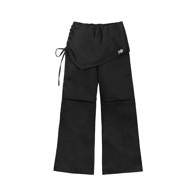 Black pants with a drawstring on a white background