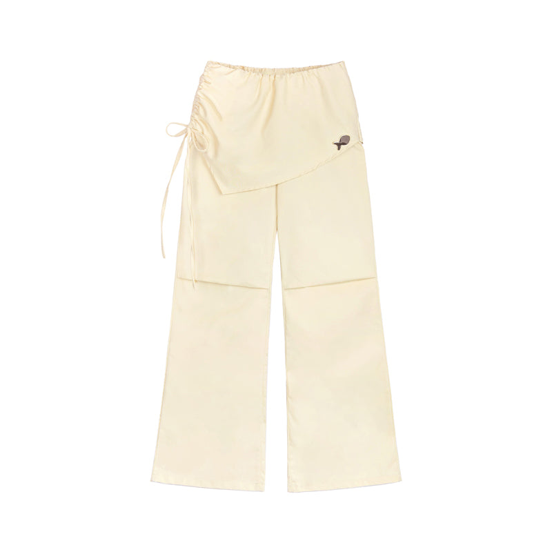 Beige wide-leg pants with a small logo on a white background