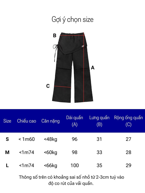 Black pants with size chart on a white background