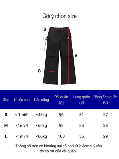 Black pants with size chart on a white background