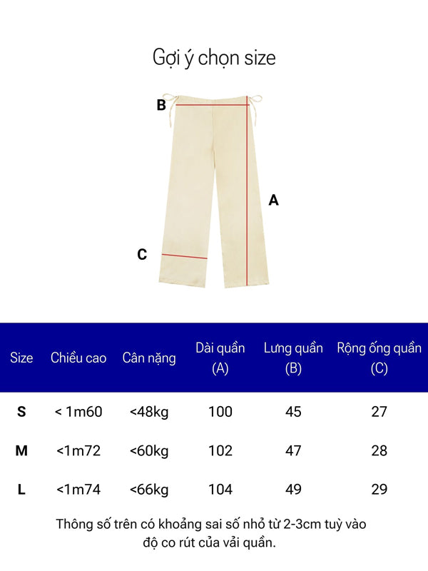 Size chart for pants with measurements labeled A, B, and C on a white background.