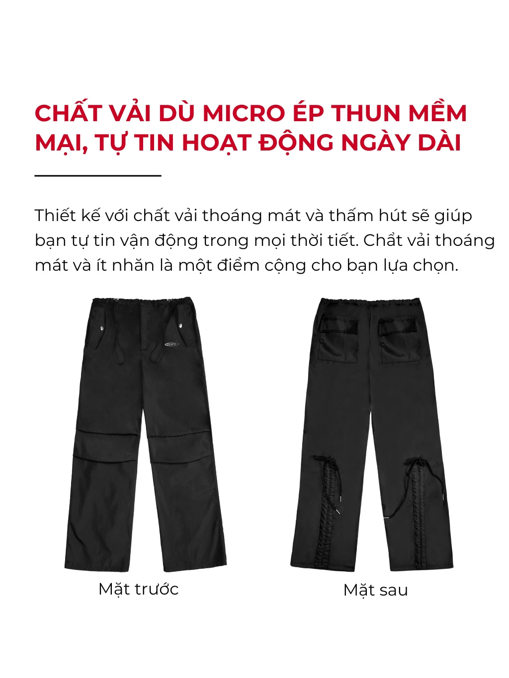 Black pants shown from front and back with text in Vietnamese about material and activity duration.