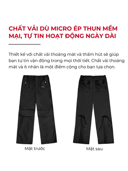 Black pants shown from front and back with text in Vietnamese about material and activity duration.