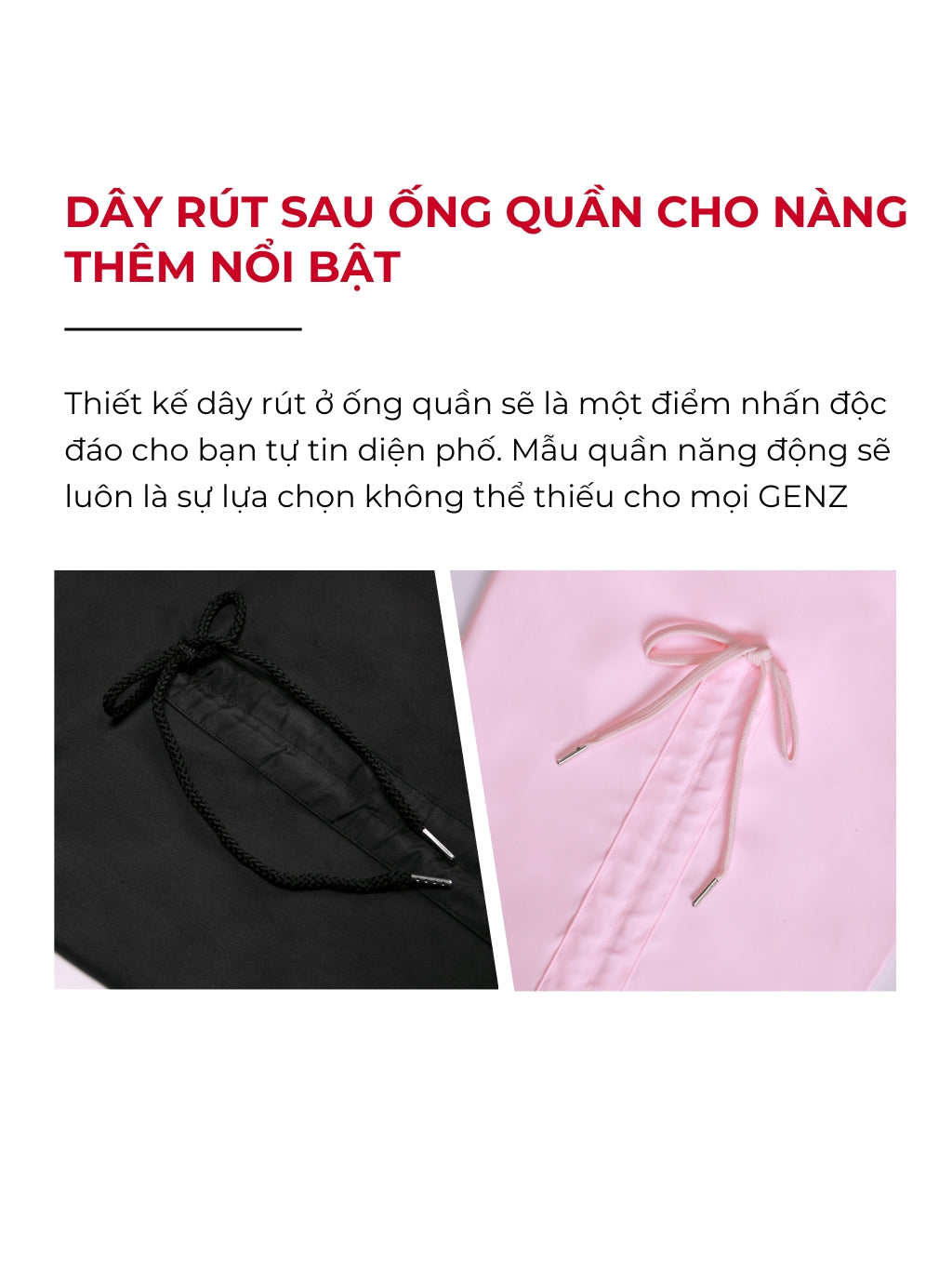 Product advertisement with black and pink drawstrings on a white background