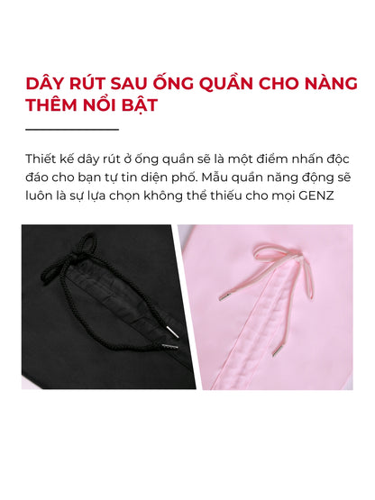 Product advertisement with black and pink drawstrings on a white background