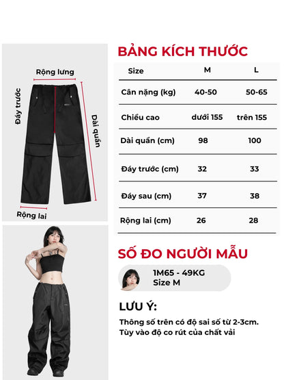 Measurement chart and size guide for black pants with a model wearing the pants.
