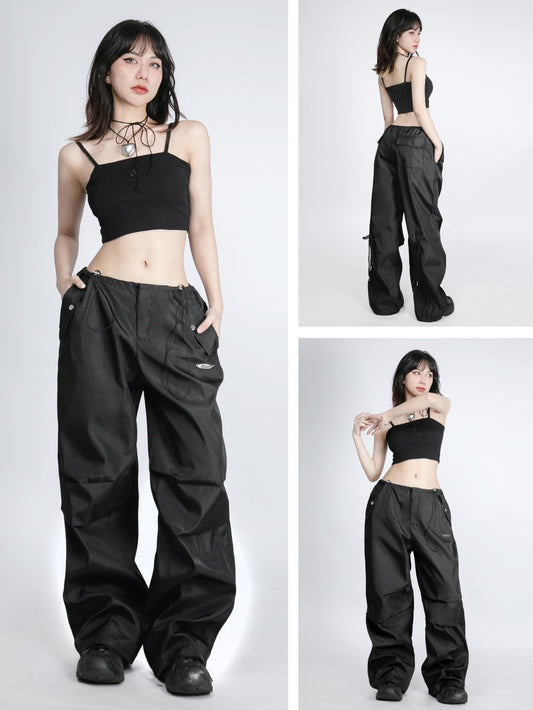 Woman wearing black pants and top in multiple poses on a white background
