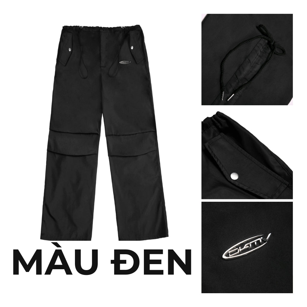 Black pants with a brand logo on a white background