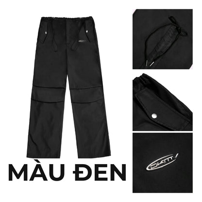 Black pants with a brand logo on a white background