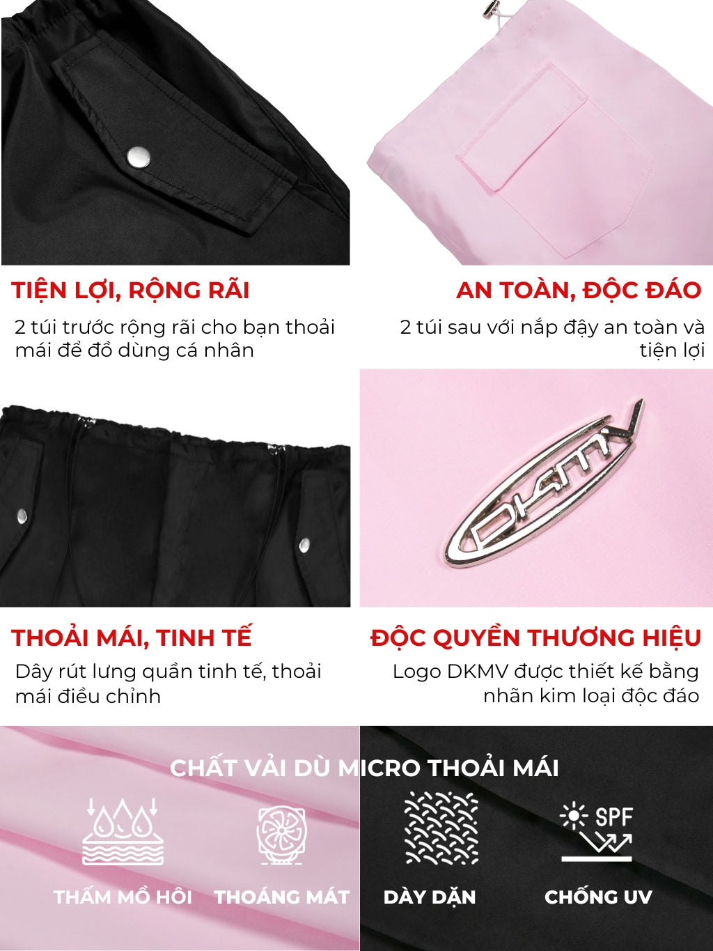 Product features with text and images of a black and pink garment, including text in Vietnamese.