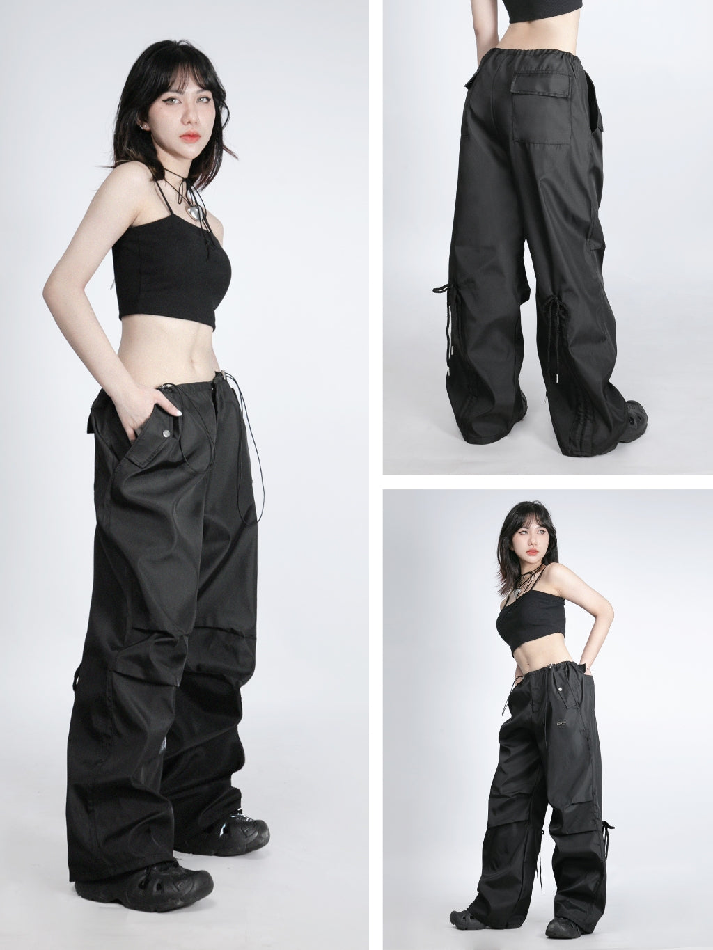 Woman wearing black cargo pants with multiple angles shown on a white background