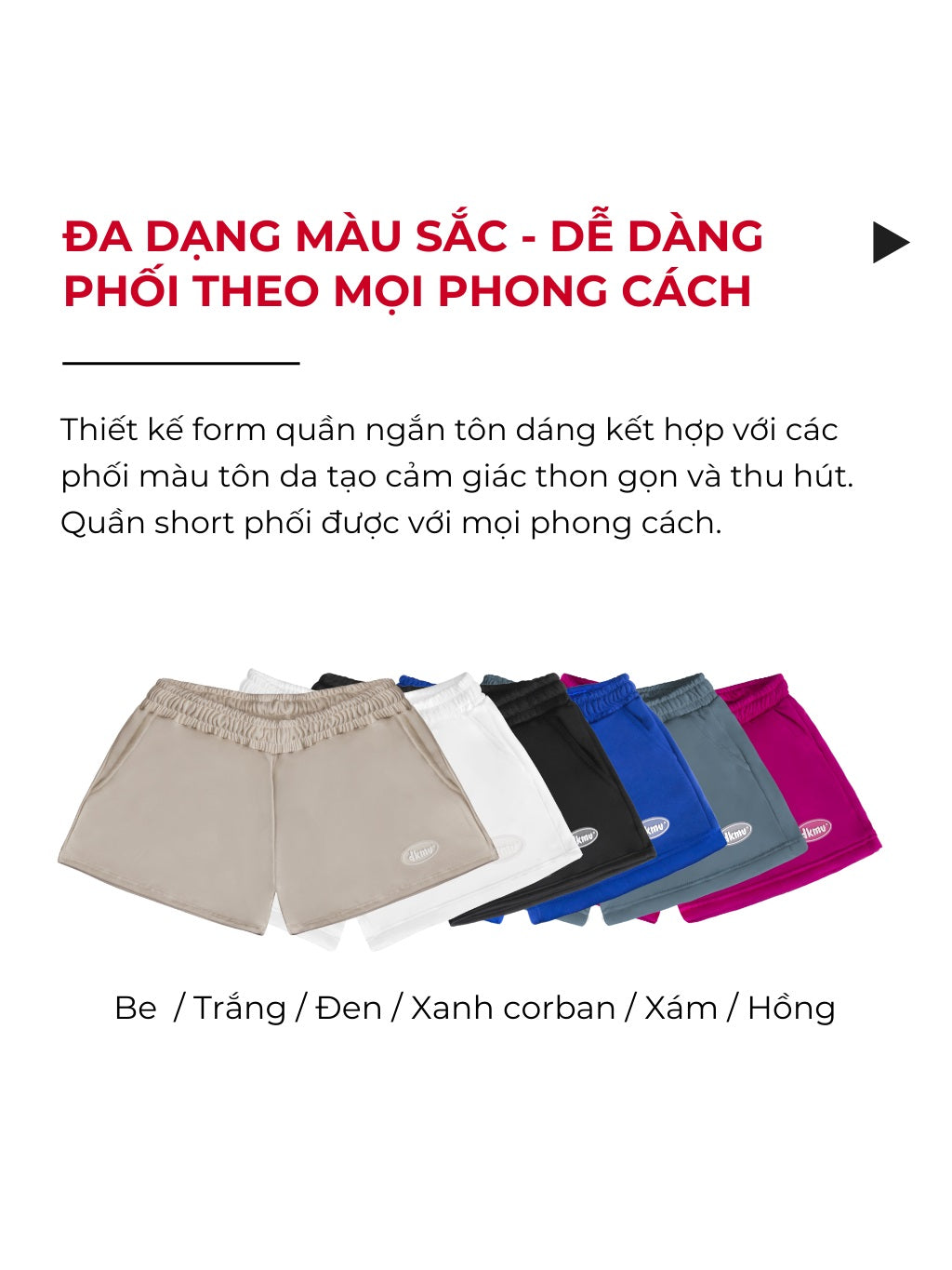 Collection of shorts in various colors with text on a white background