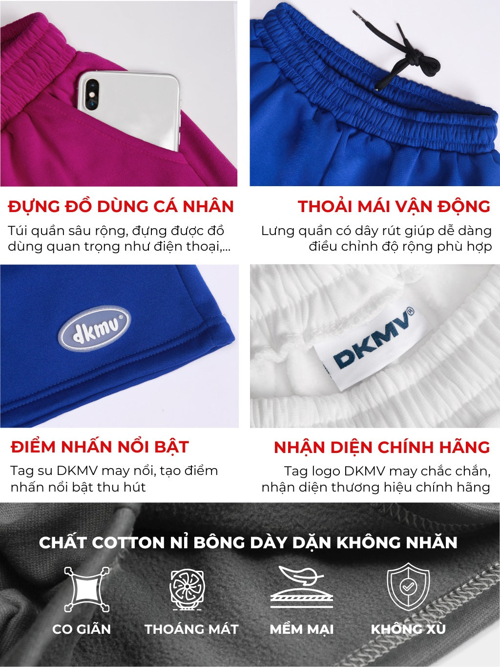 Collage of DKMV branded clothing with text describing features and benefits.