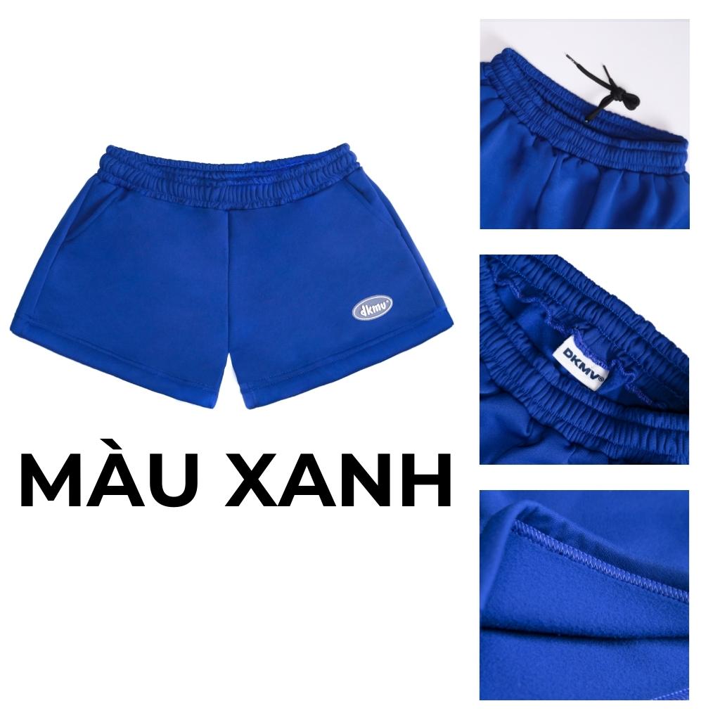 Blue shorts with brand logo, shown from different angles on a white background.