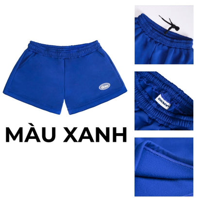 Blue shorts with brand logo, shown from different angles on a white background.