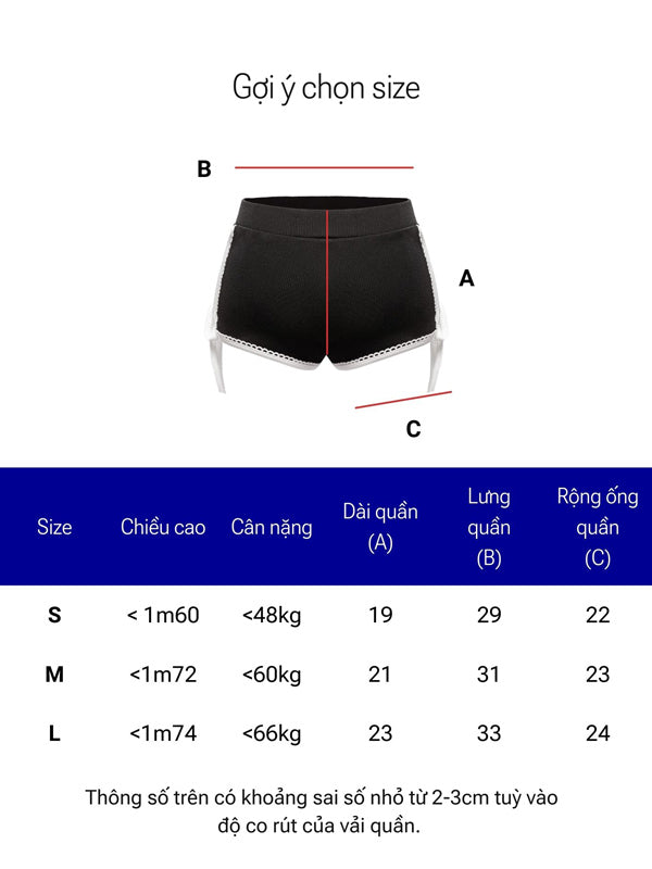 Size chart for black shorts with measurements on a white background