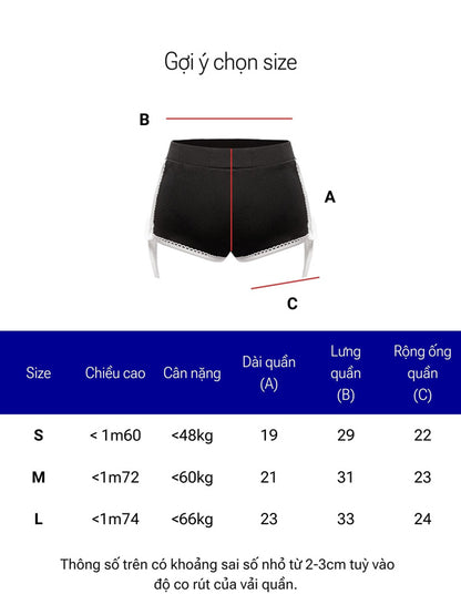 Size chart for black shorts with measurements on a white background