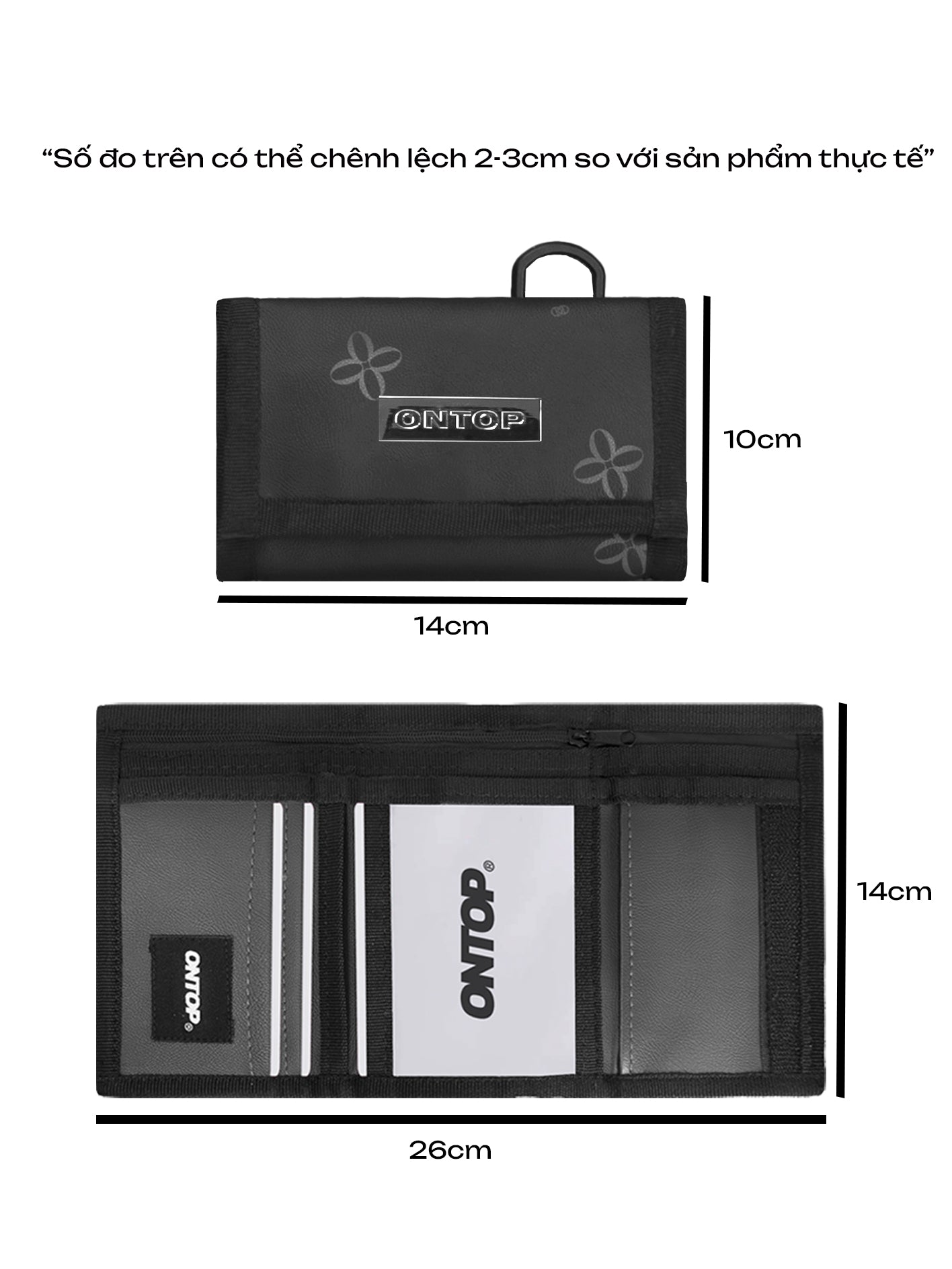 Black wallet with brand logo and measurements on a white background