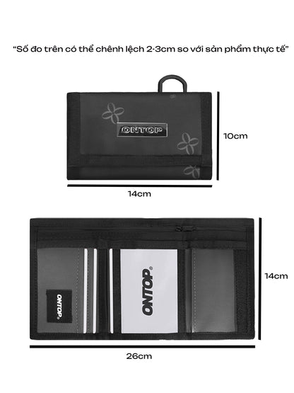 Black wallet with brand logo and measurements on a white background