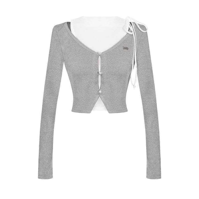Gray long-sleeve cardigan with white collar on a white background