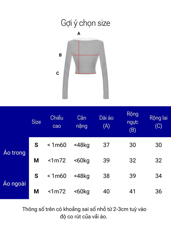 Size chart for a gray long-sleeve top with measurements and weight guidelines.