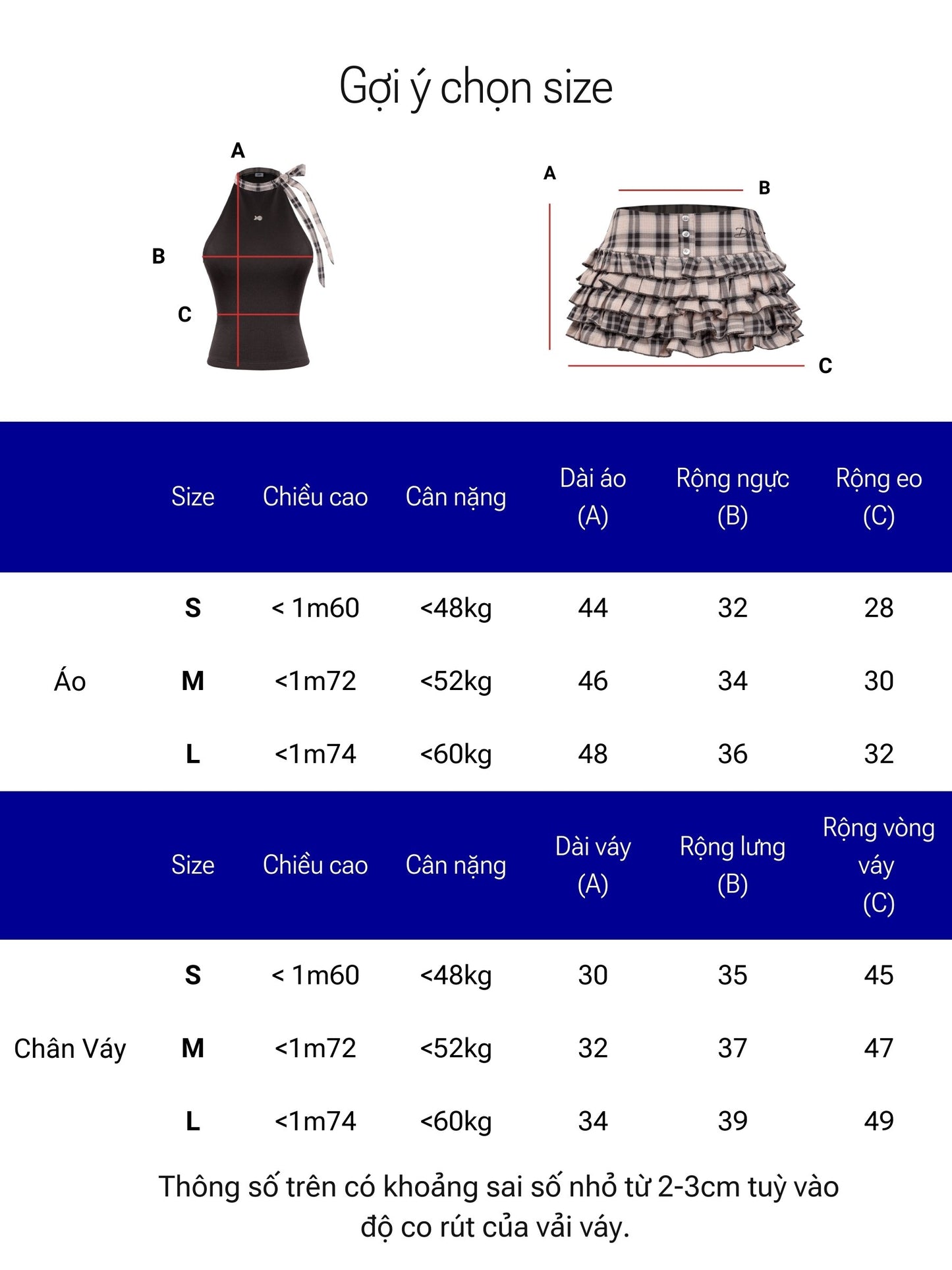 Measurement chart for clothing sizes with diagrams and dimensions.