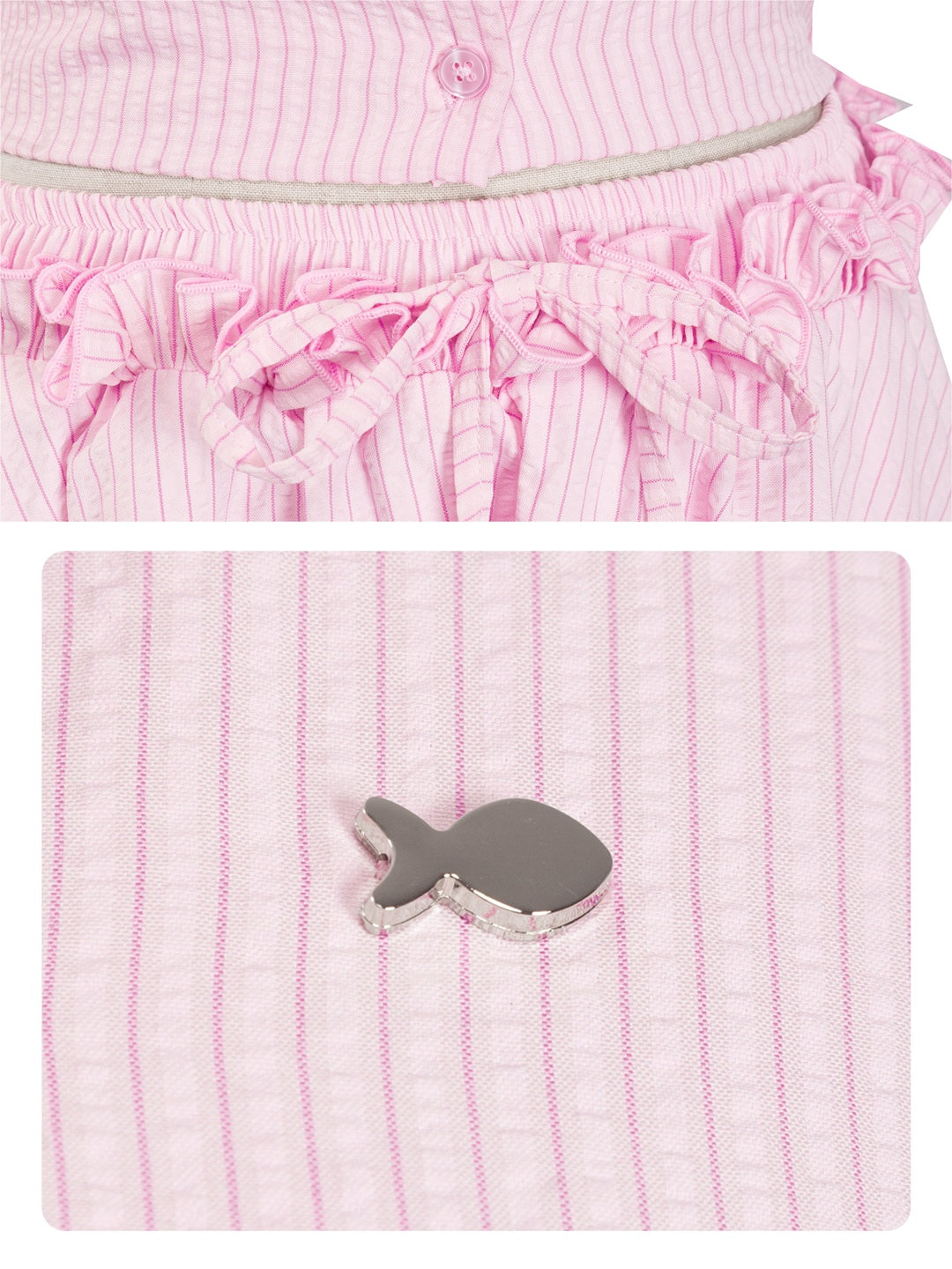 Pink and white striped outfit with ruffled details and a gray fish-shaped object on a matching pink background.