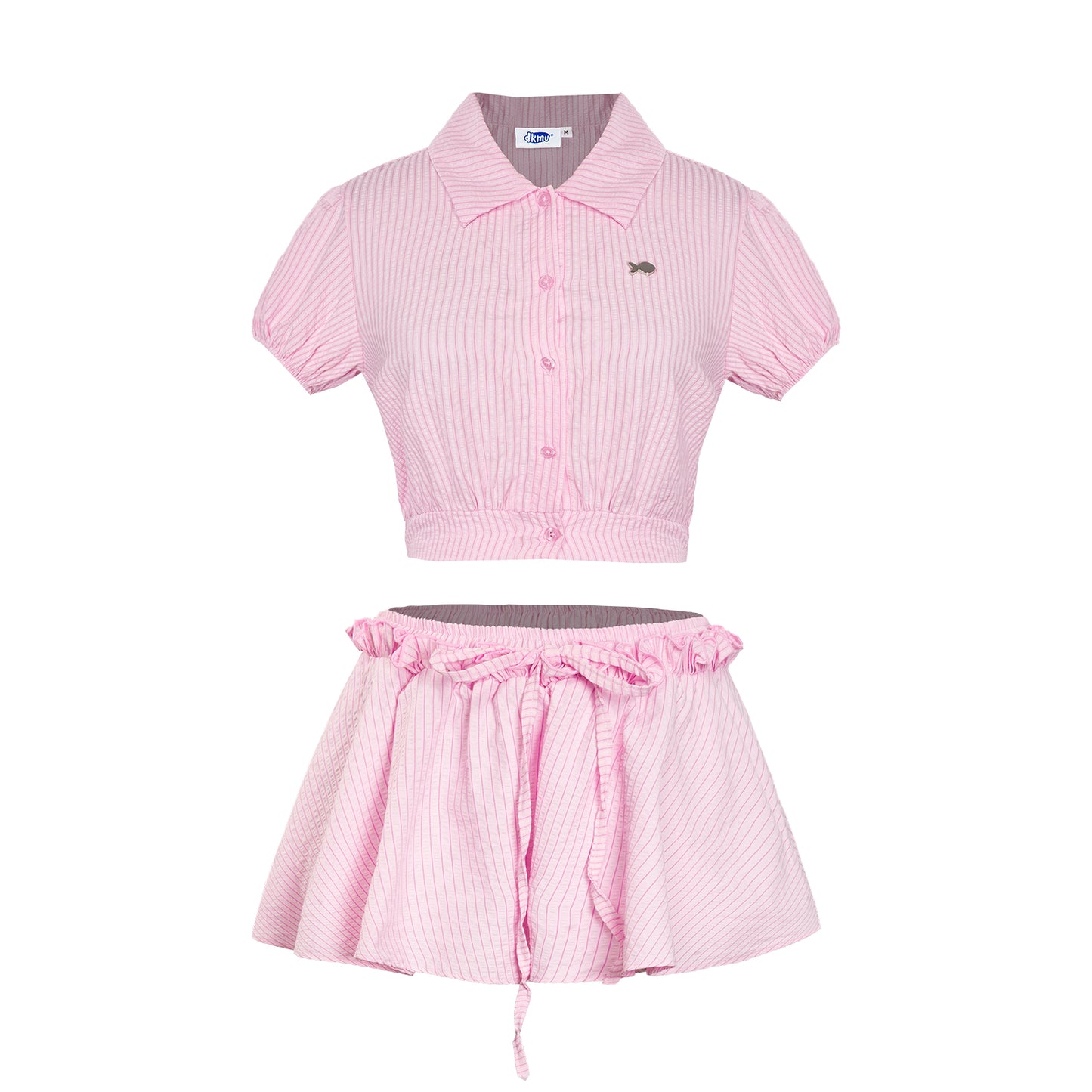 Pink striped shirt and skirt set on a white background