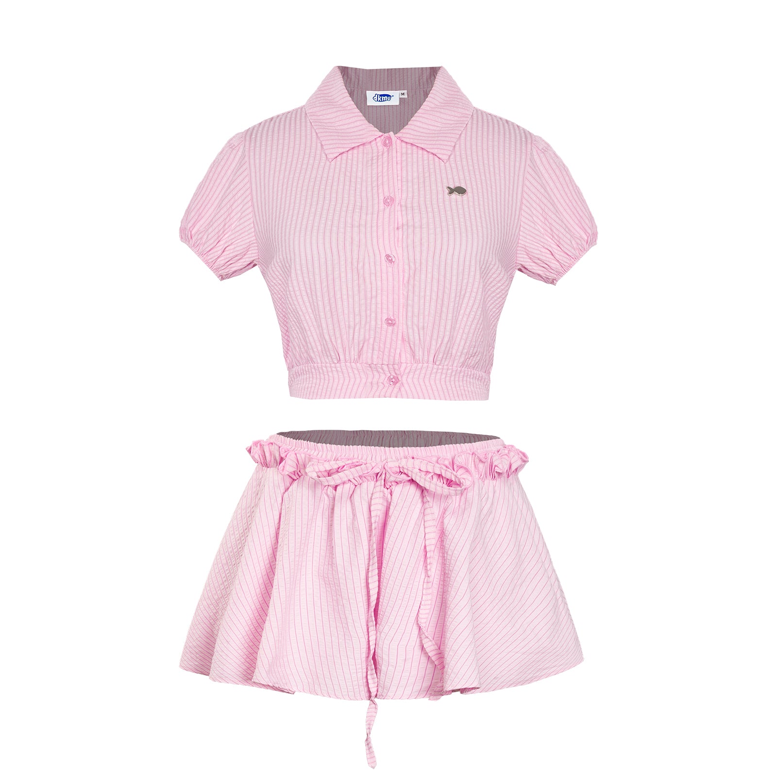 Pink striped shirt and skirt set on a white background