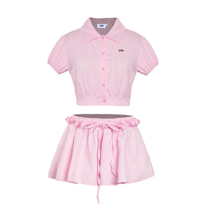 Pink striped shirt and skirt set on a white background