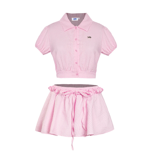 Pink striped shirt and skirt set on a white background