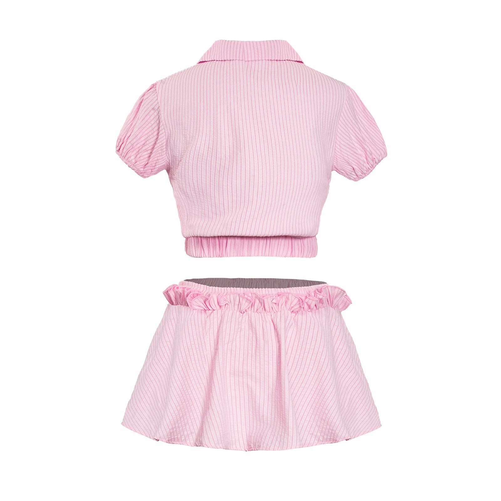 Pink striped crop top and skirt set on a white background