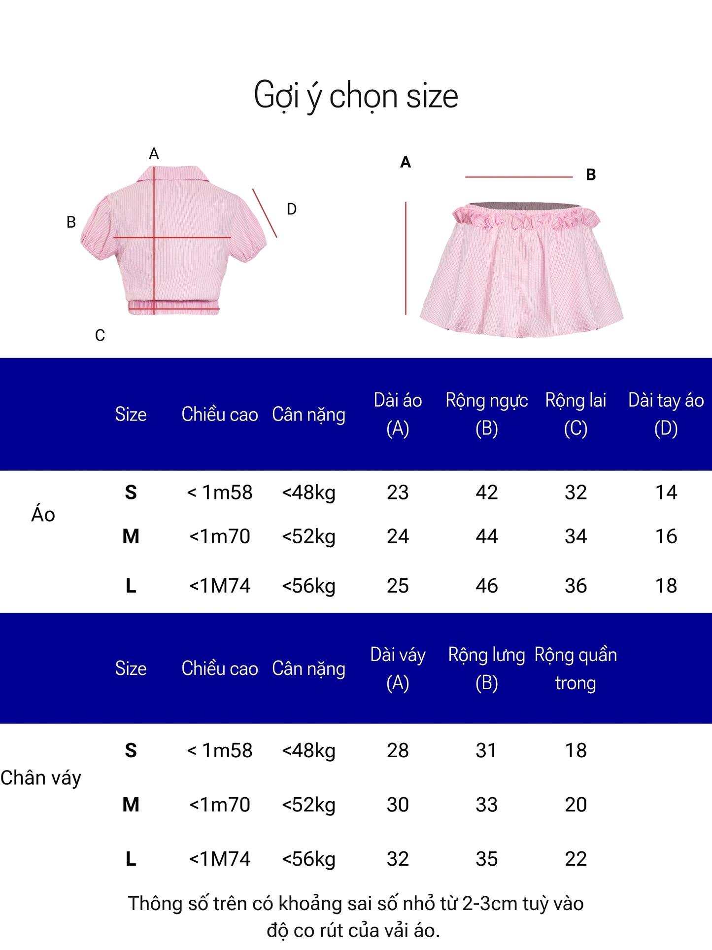 Size chart for a pink outfit with measurements in centimeters and kilograms.