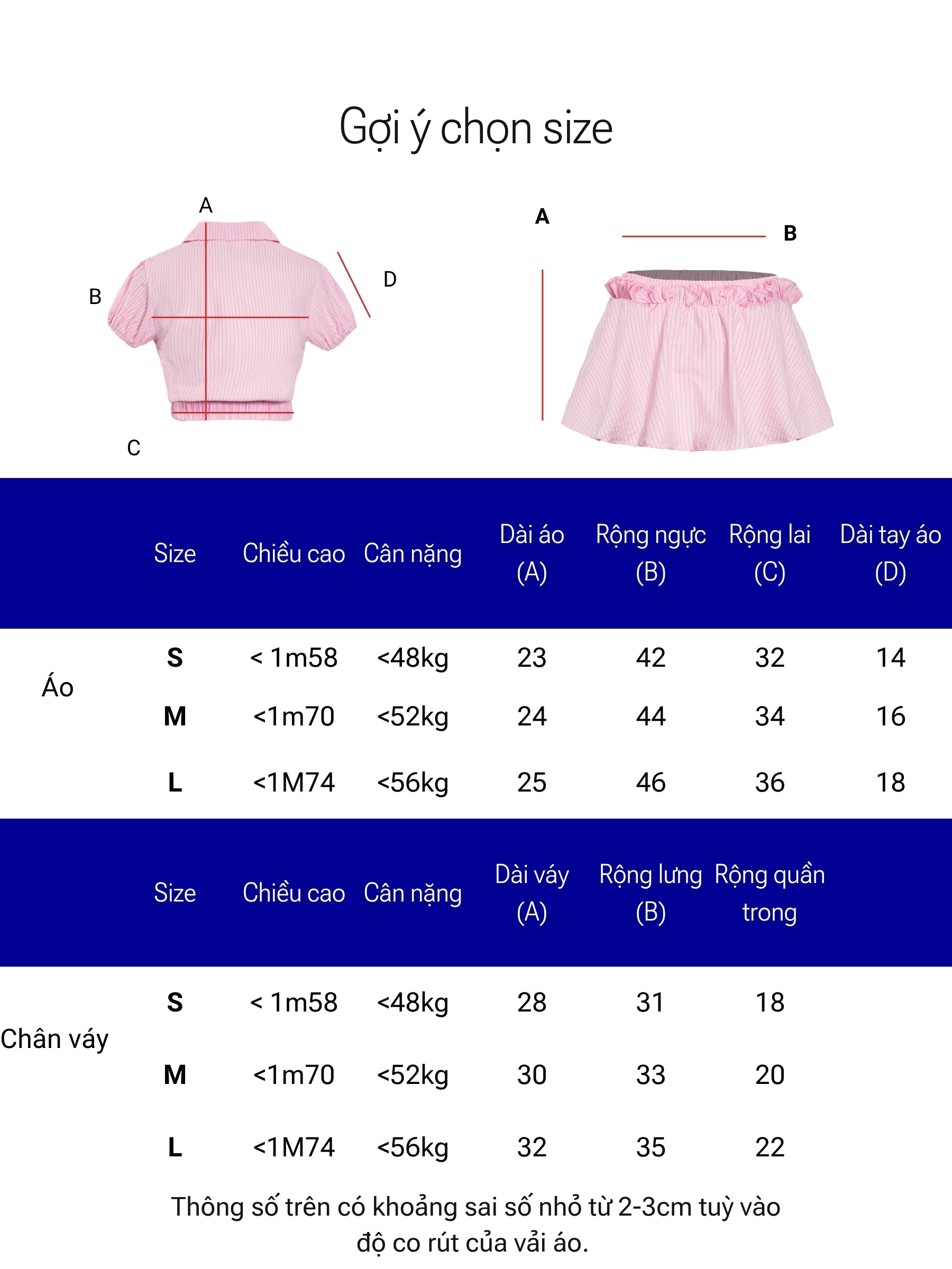 Size chart for a pink outfit with measurements in centimeters and kilograms.
