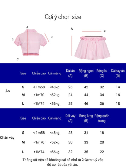Size chart for a pink outfit with measurements in centimeters and kilograms.